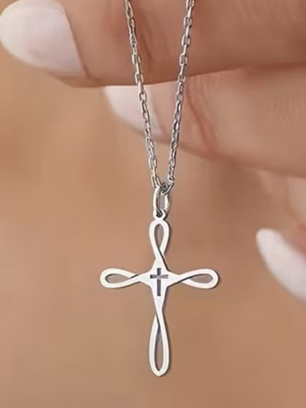 Silver Infinity Cross Necklace Christian Faith Pendant Minimalist Gift Women Her